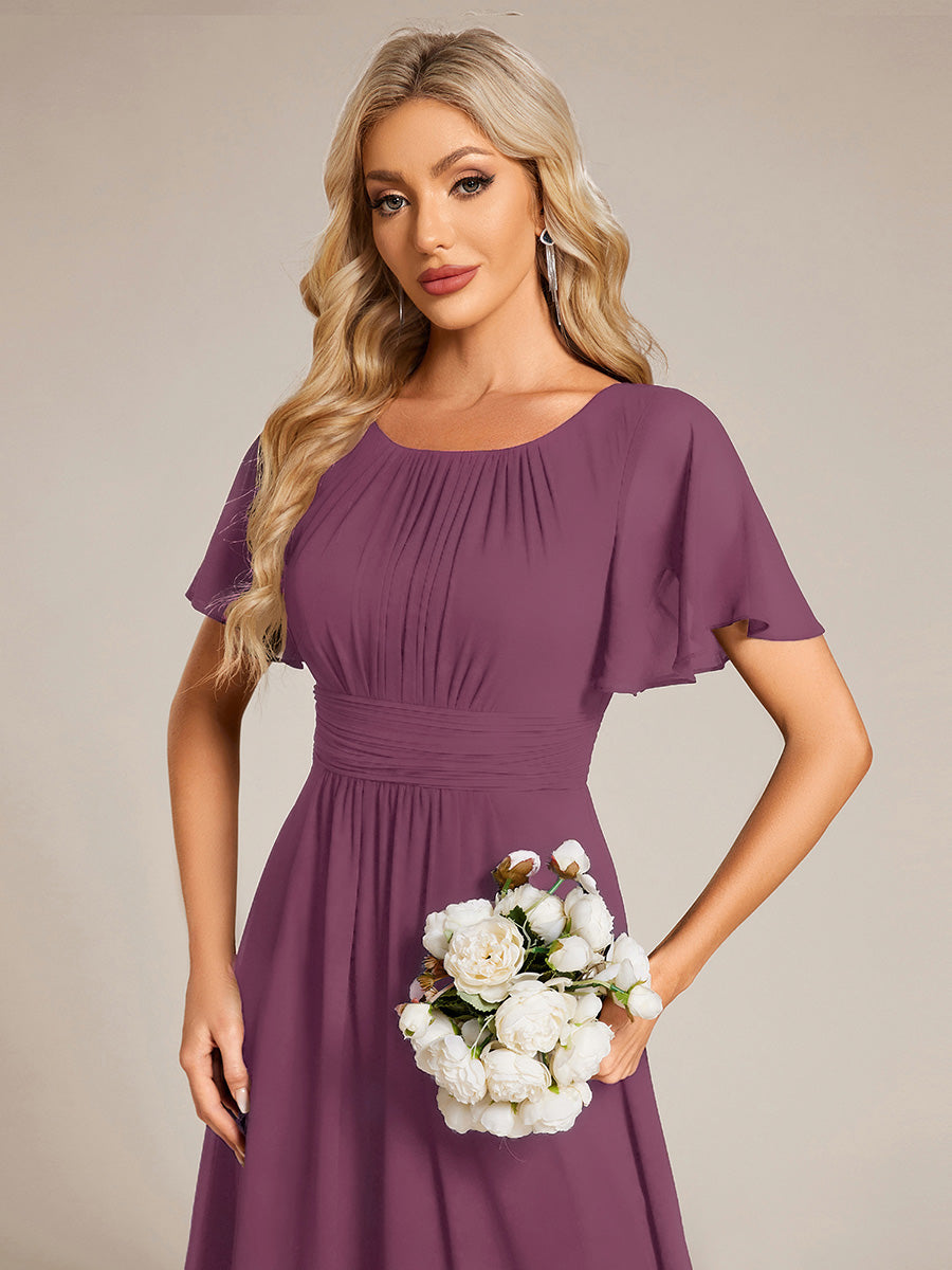 Bodenlanger A-Linien Chiffonkleid Mit Falten Und Rüschen Details Rundhals #Farbe_Pflaumenviolett