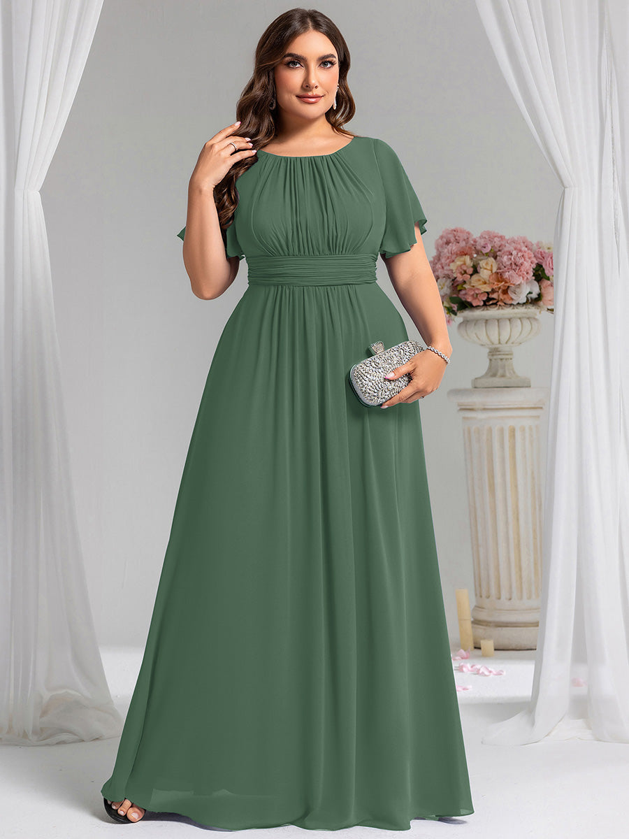 Bodenlanger A-Linien Chiffonkleid Mit Falten Und Rüschen Details Rundhals #Farbe_Eukalyptus