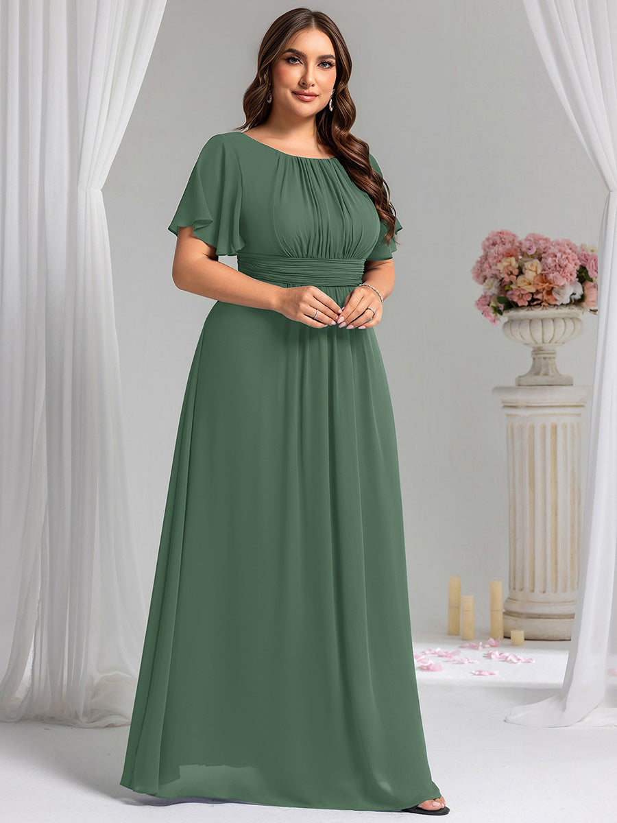 Bodenlanger A-Linien Chiffonkleid Mit Falten Und Rüschen Details Rundhals #Farbe_Eukalyptus