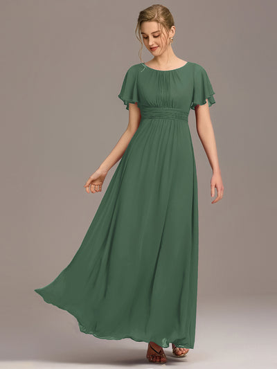 Bodenlanger A-Linien Chiffonkleid Mit Falten Und Rüschen Details Rundhals #Farbe_Eukalyptus