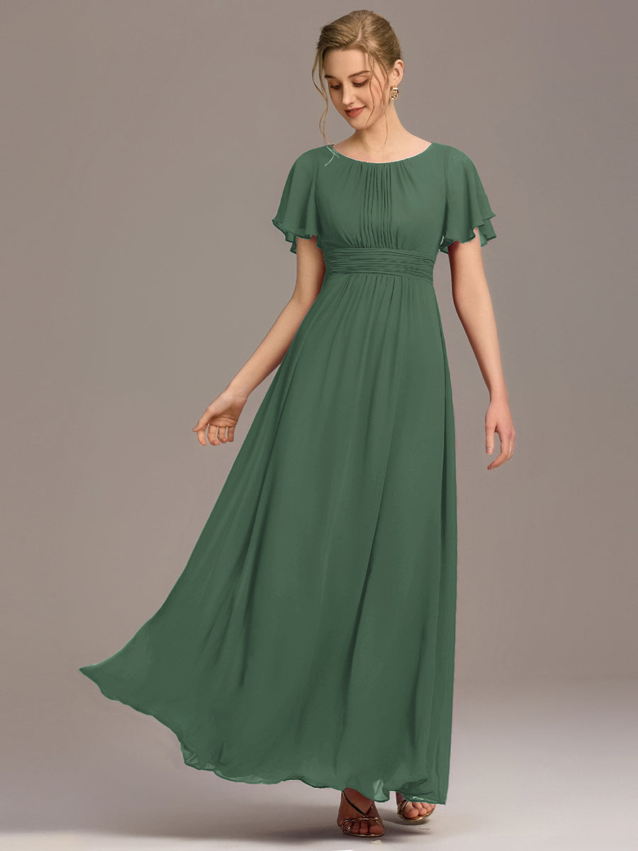 Bodenlanger A-Linien Chiffonkleid Mit Falten Und Rüschen Details Rundhals #Farbe_Eukalyptus
