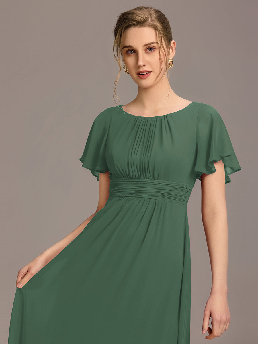 Bodenlanger A-Linien Chiffonkleid Mit Falten Und Rüschen Details Rundhals #Farbe_Eukalyptus