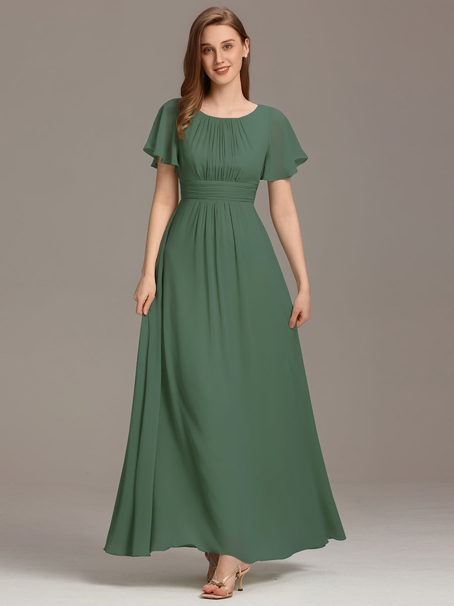 Bodenlanger A-Linien Chiffonkleid Mit Falten Und Rüschen Details Rundhals #Farbe_Eukalyptus