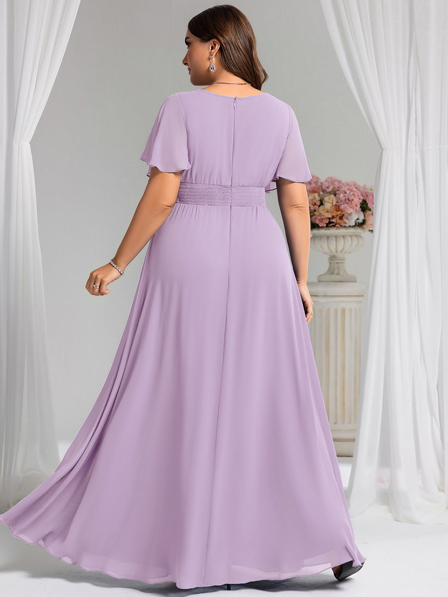 Bodenlanger A-Linien Chiffonkleid Mit Falten Und Rüschen Details Rundhals #Farbe_Mattflieder