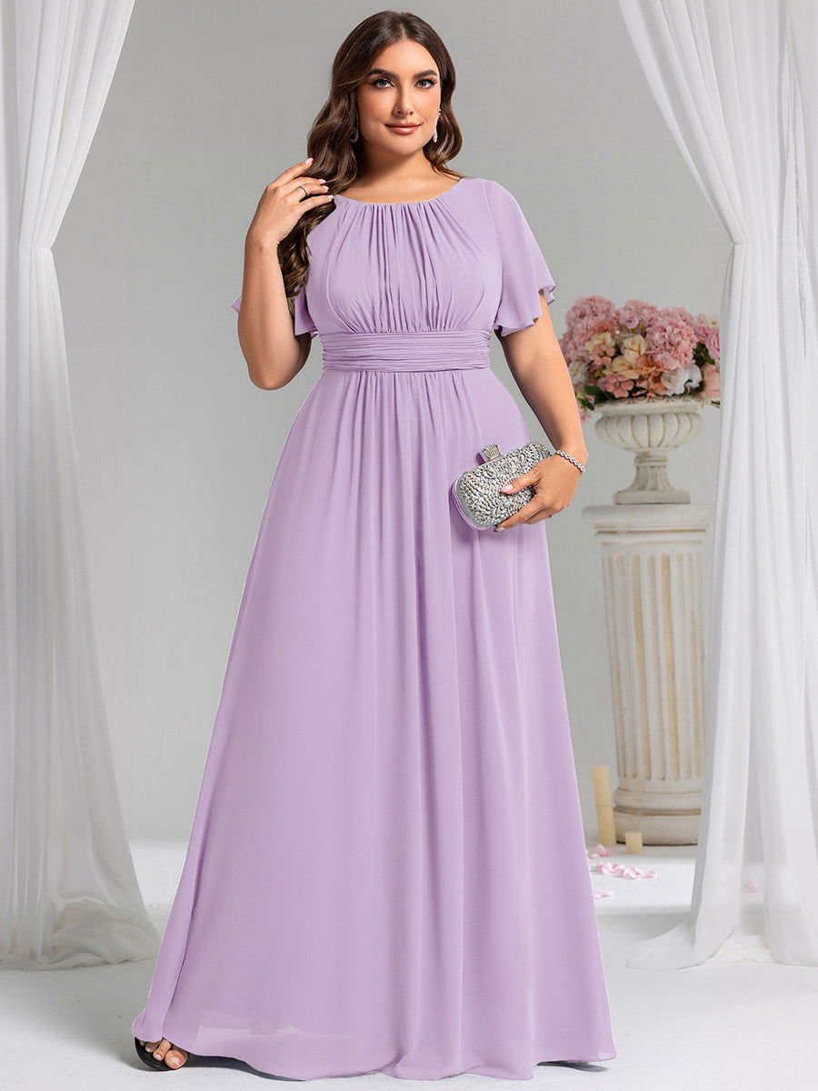 Bodenlanger A-Linien Chiffonkleid Mit Falten Und Rüschen Details Rundhals #Farbe_Mattflieder