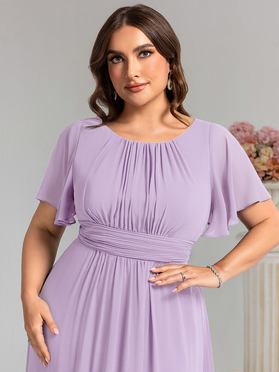 Bodenlanger A-Linien Chiffonkleid Mit Falten Und Rüschen Details Rundhals #Farbe_Mattflieder