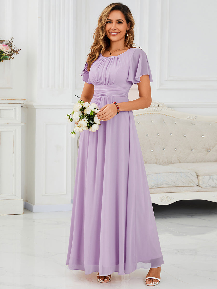 Bodenlanger A-Linien Chiffonkleid Mit Falten Und Rüschen Details Rundhals #Farbe_Mattflieder