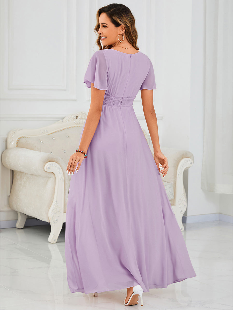 Bodenlanger A-Linien Chiffonkleid Mit Falten Und Rüschen Details Rundhals #Farbe_Mattflieder
