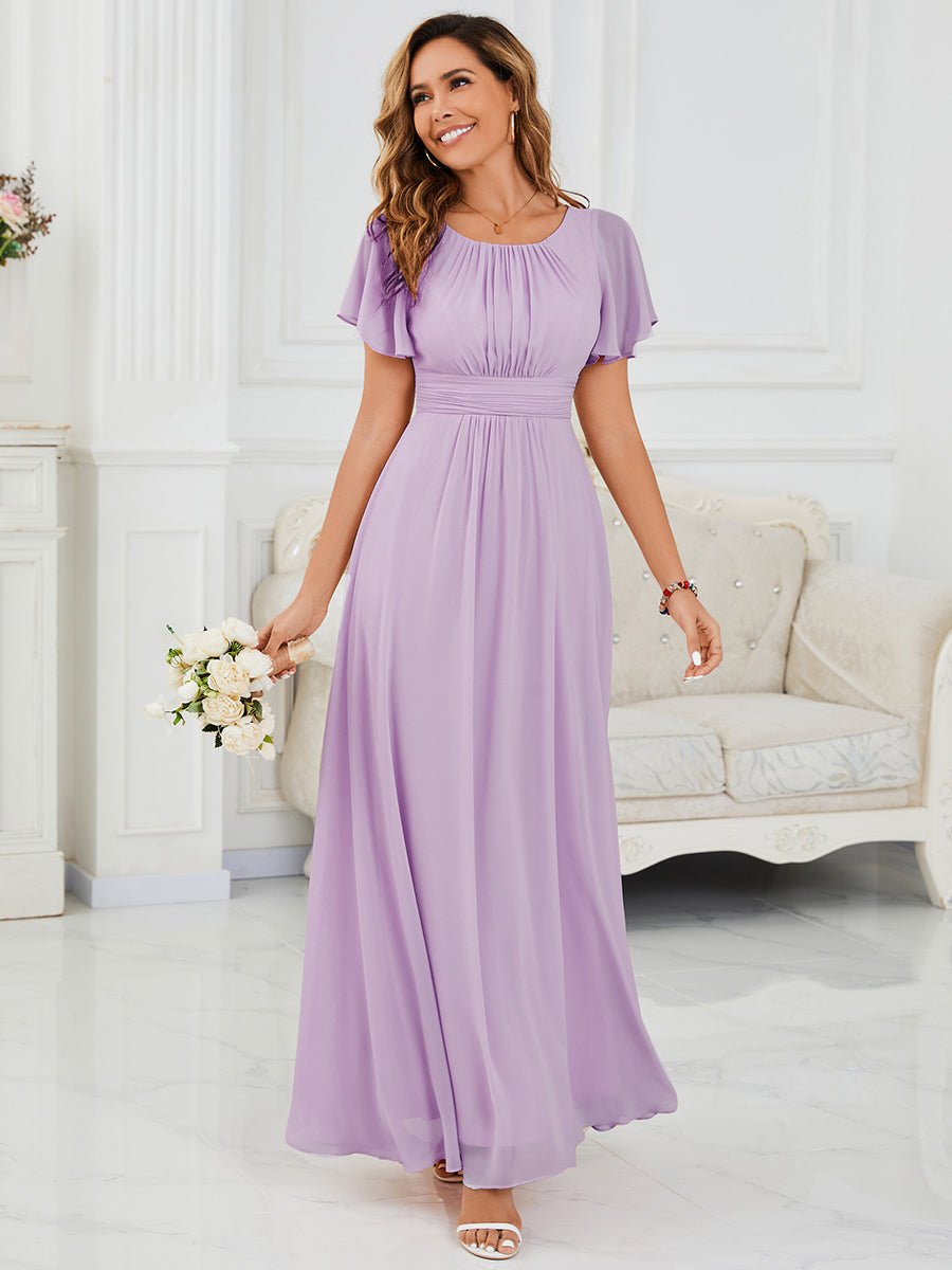 Bodenlanger A-Linien Chiffonkleid Mit Falten Und Rüschen Details Rundhals #Farbe_Mattflieder