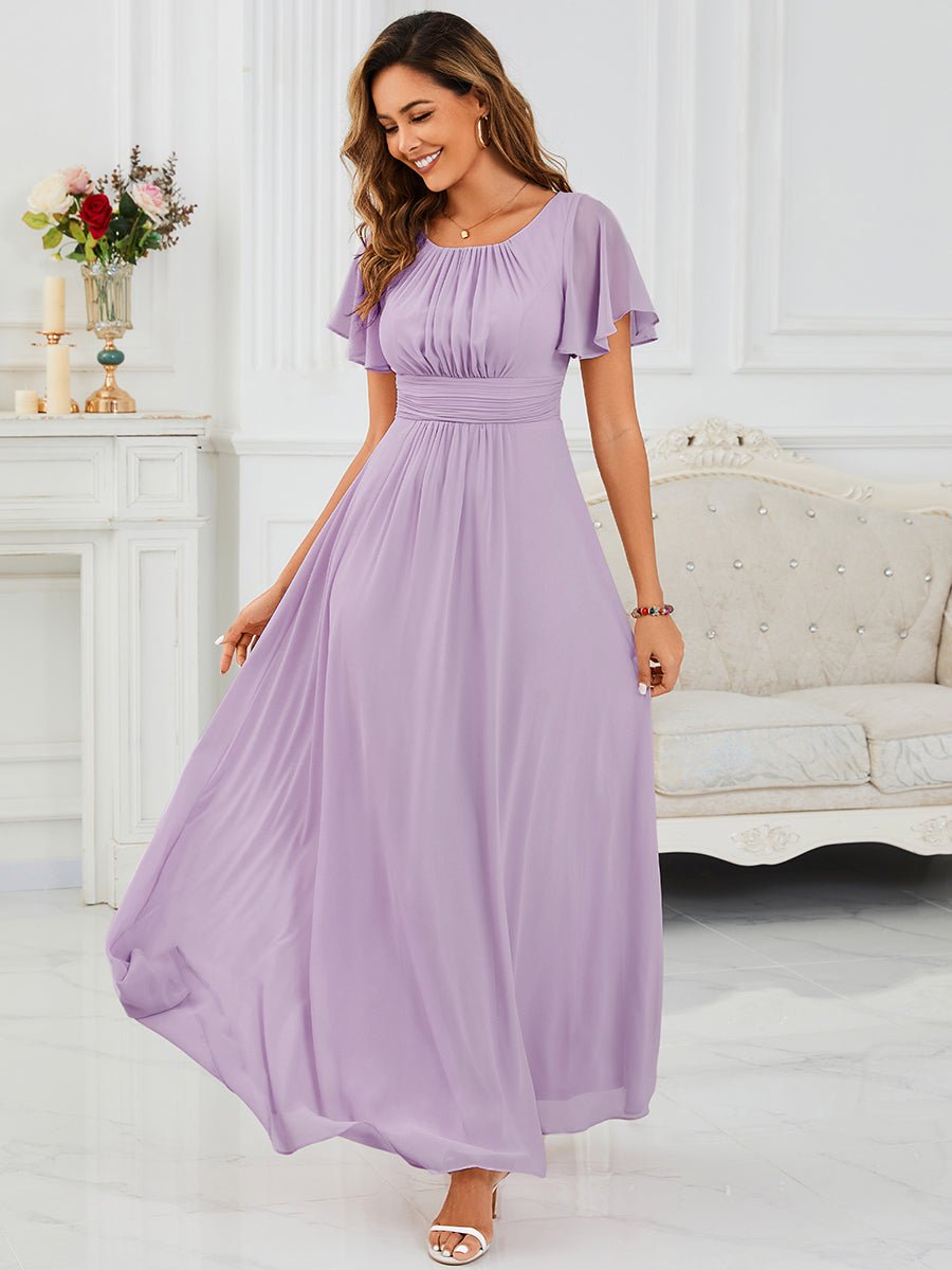 Bodenlanger A-Linien Chiffonkleid Mit Falten Und Rüschen Details Rundhals #Farbe_Mattflieder