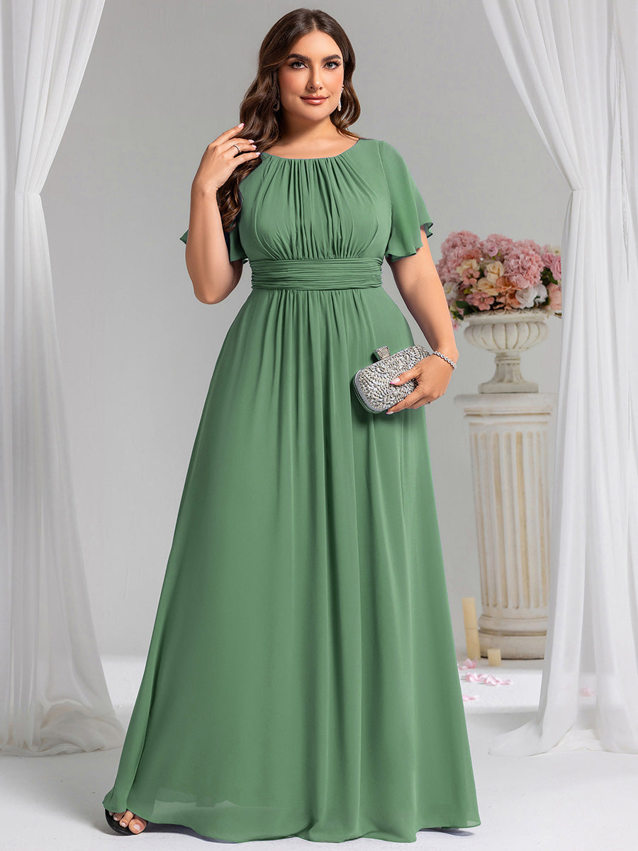 Bodenlanger A-Linien Chiffonkleid Mit Falten Und Rüschen Details Rundhals #Farbe_Khakigrün