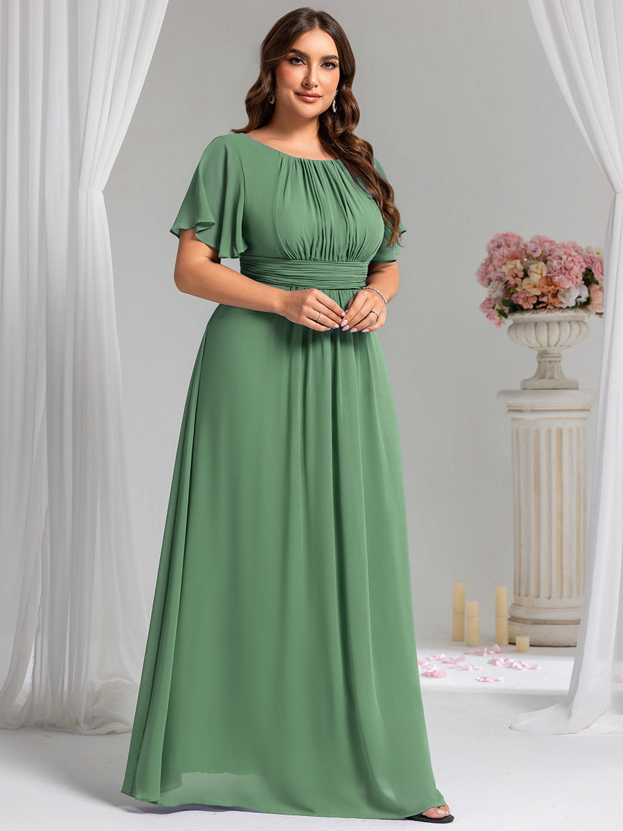 Bodenlanger A-Linien Chiffonkleid Mit Falten Und Rüschen Details Rundhals #Farbe_Khakigrün