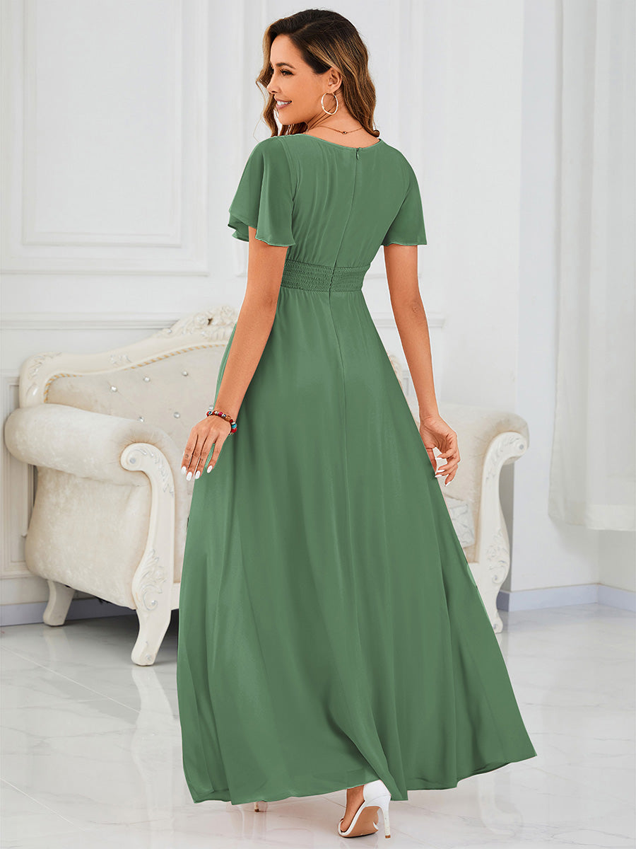 Bodenlanger A-Linien Chiffonkleid Mit Falten Und Rüschen Details Rundhals #Farbe_Khakigrün