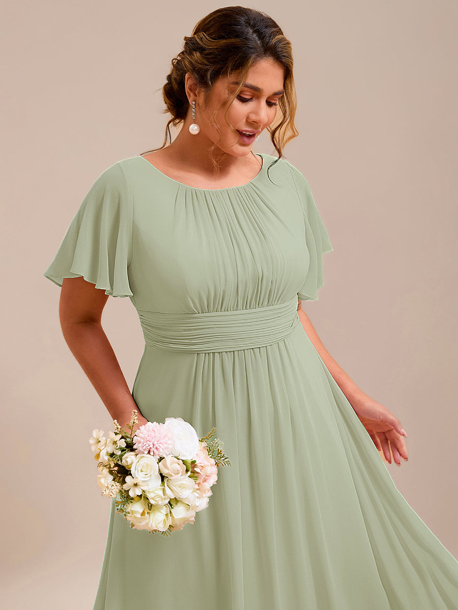 Bodenlanger A-Linien Chiffonkleid Mit Falten Und Rüschen Details Rundhals #Farbe_Mintgrün