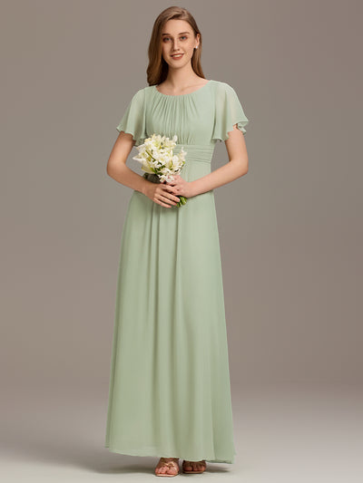 Bodenlanger A-Linien Chiffonkleid Mit Falten Und Rüschen Details Rundhals #Farbe_Mintgrün