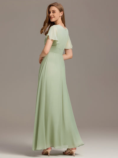 Bodenlanger A-Linien Chiffonkleid Mit Falten Und Rüschen Details Rundhals #Farbe_Mintgrün
