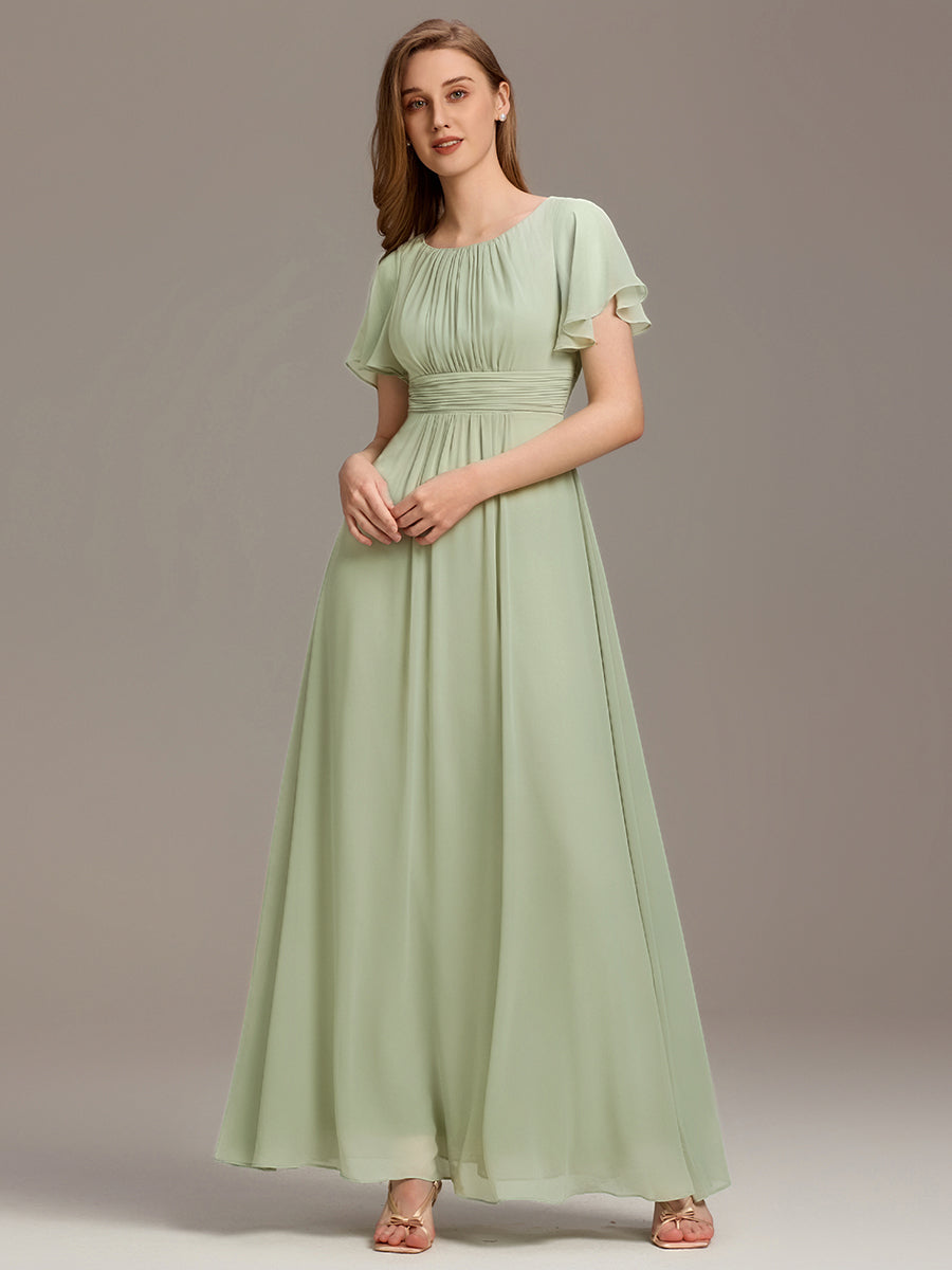 Bodenlanger A-Linien Chiffonkleid Mit Falten Und Rüschen Details Rundhals #Farbe_Mintgrün