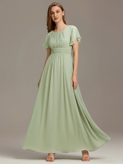 Bodenlanger A-Linien Chiffonkleid Mit Falten Und Rüschen Details Rundhals #Farbe_Mintgrün