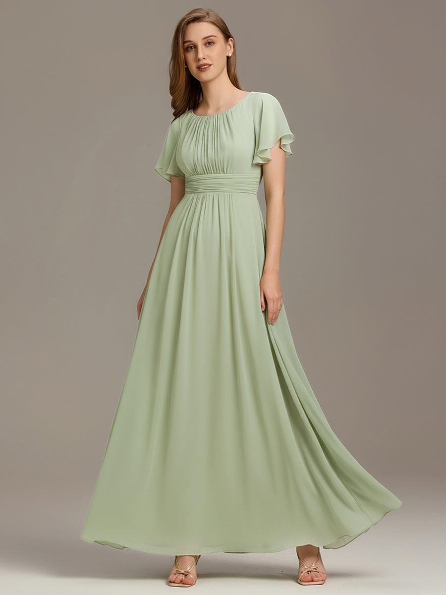 Bodenlanger A-Linien Chiffonkleid Mit Falten Und Rüschen Details Rundhals #Farbe_Mintgrün
