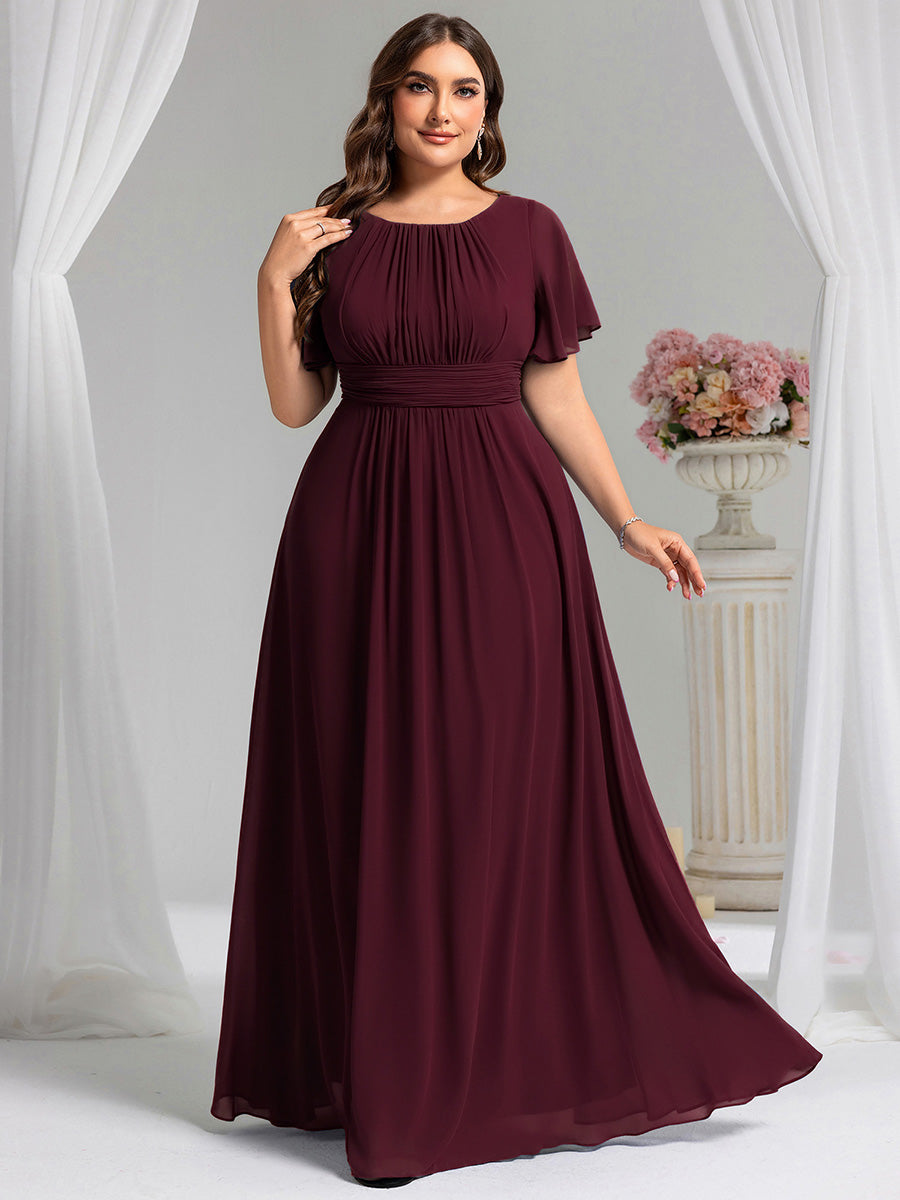 Bodenlanger A-Linien Chiffonkleid Mit Falten Und Rüschen Details Rundhals #Farbe_Maulbeerrot