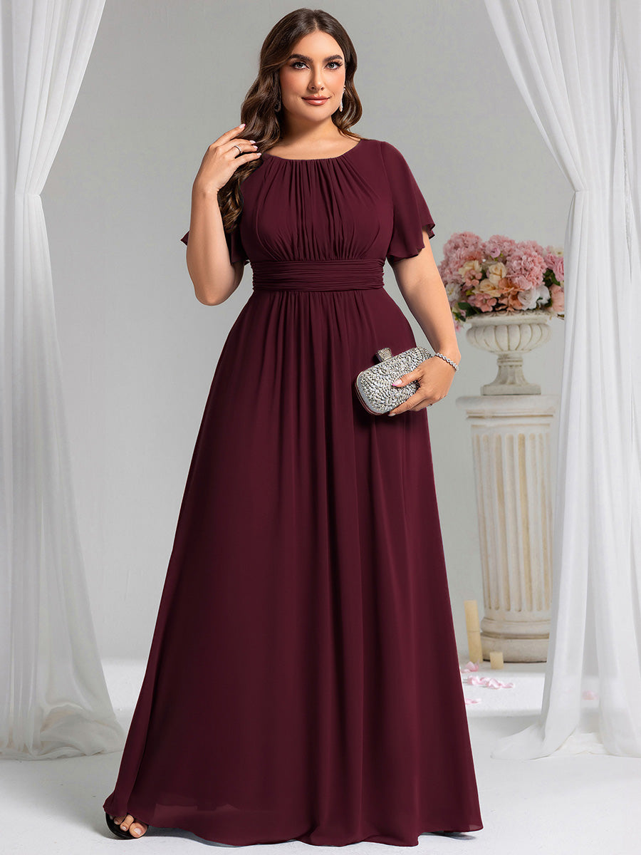 Bodenlanger A-Linien Chiffonkleid Mit Falten Und Rüschen Details Rundhals #Farbe_Maulbeerrot