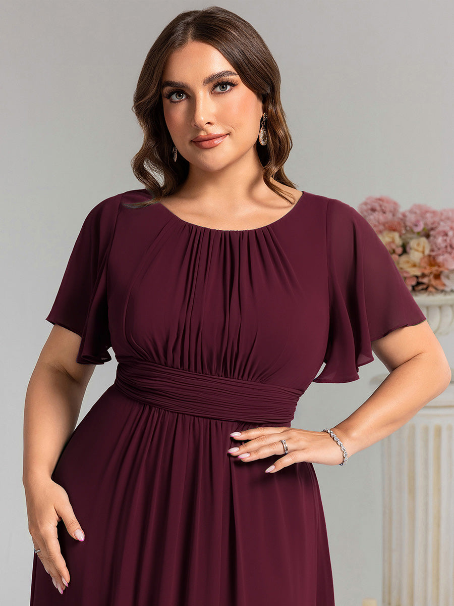 Bodenlanger A-Linien Chiffonkleid Mit Falten Und Rüschen Details Rundhals #Farbe_Maulbeerrot