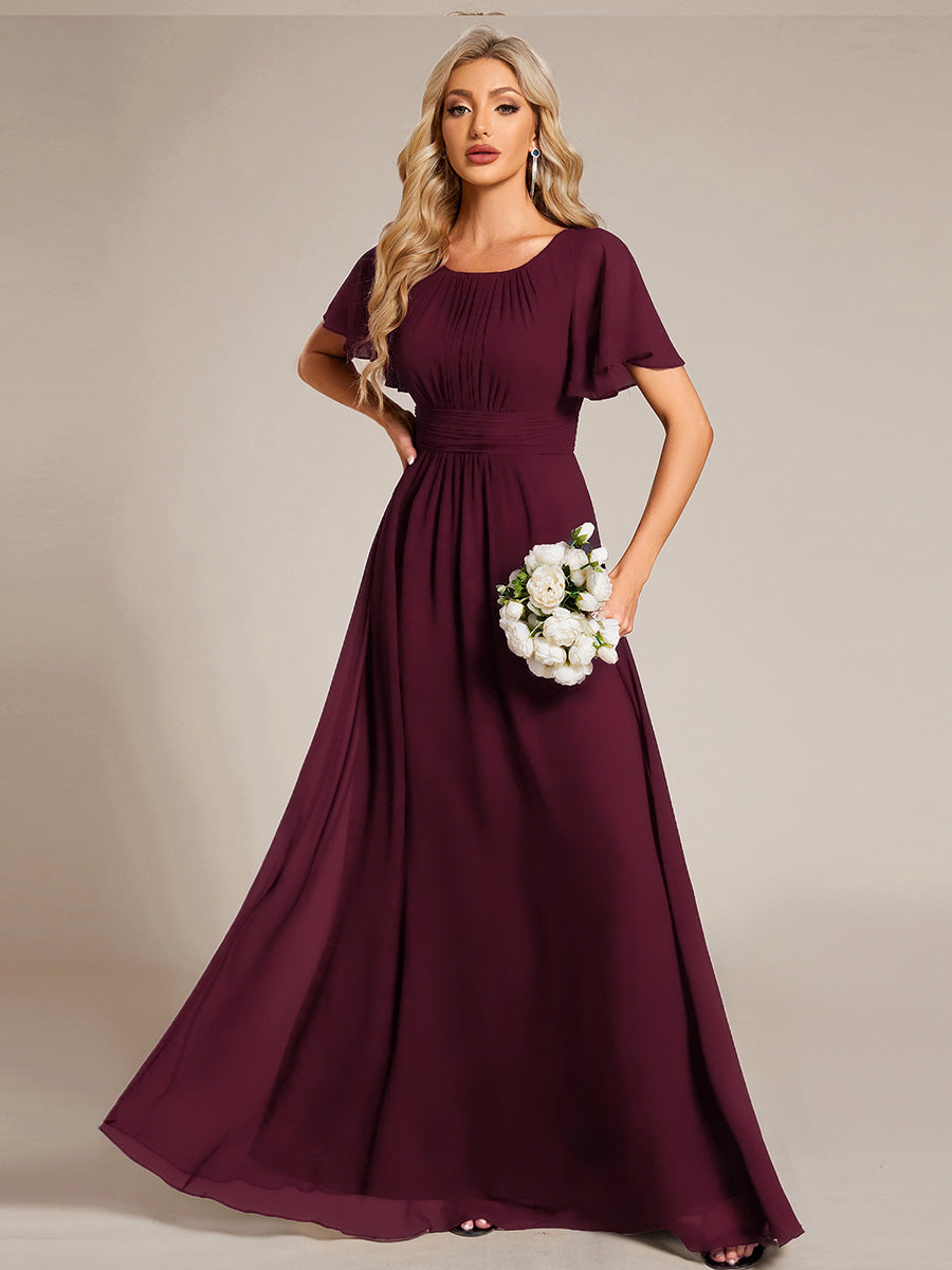 Bodenlanger A-Linien Chiffonkleid Mit Falten Und Rüschen Details Rundhals #Farbe_Maulbeerrot