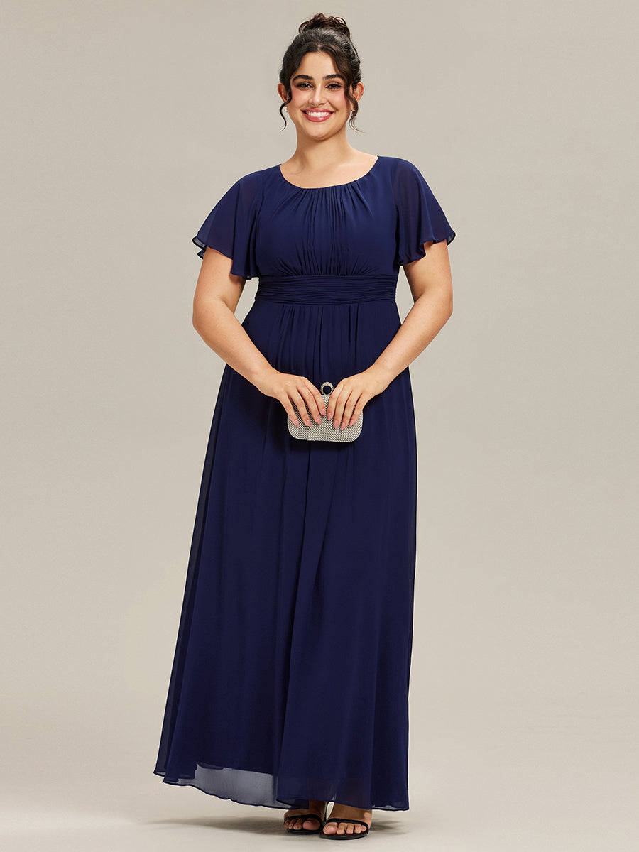 Bodenlanger A-Linien Chiffonkleid Mit Falten Und Rüschen Details Rundhals #Farbe_Marineblau