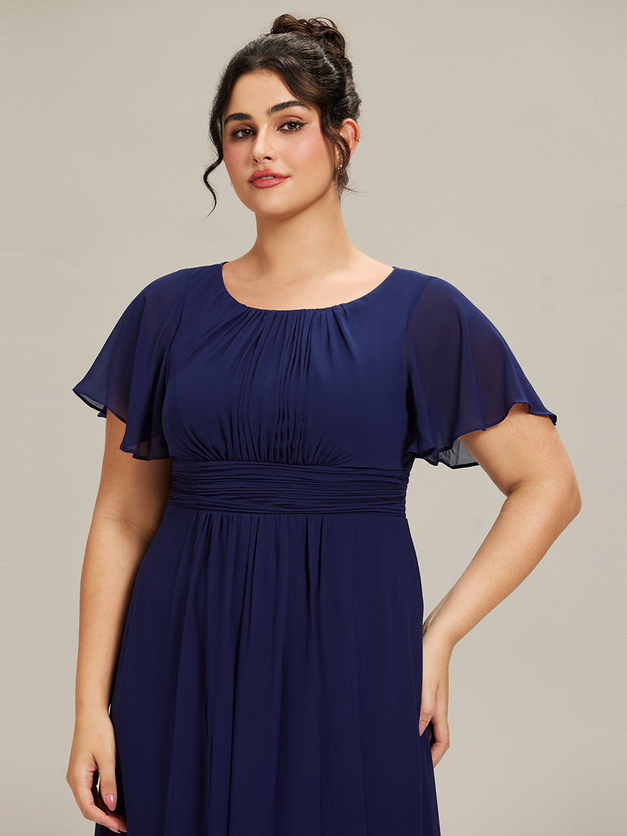 Bodenlanger A-Linien Chiffonkleid Mit Falten Und Rüschen Details Rundhals #Farbe_Marineblau