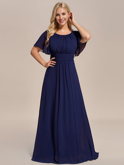 Bodenlanger A-Linien Chiffonkleid Mit Falten Und Rüschen Details Rundhals #Farbe_Marineblau