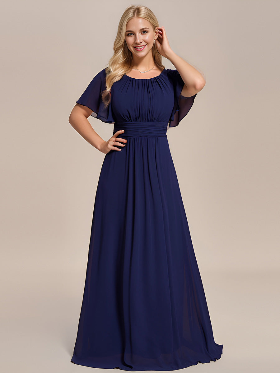 Bodenlanger A-Linien Chiffonkleid Mit Falten Und Rüschen Details Rundhals #Farbe_Marineblau