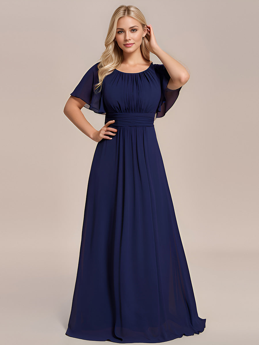 Bodenlanger A-Linien Chiffonkleid Mit Falten Und Rüschen Details Rundhals #Farbe_Marineblau