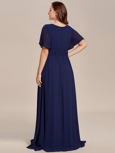 Bodenlanger A-Linien Chiffonkleid Mit Falten Und Rüschen Details Rundhals #Farbe_Marineblau