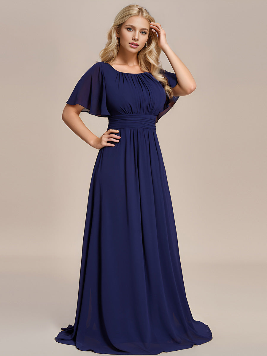 Bodenlanger A-Linien Chiffonkleid Mit Falten Und Rüschen Details Rundhals #Farbe_Marineblau