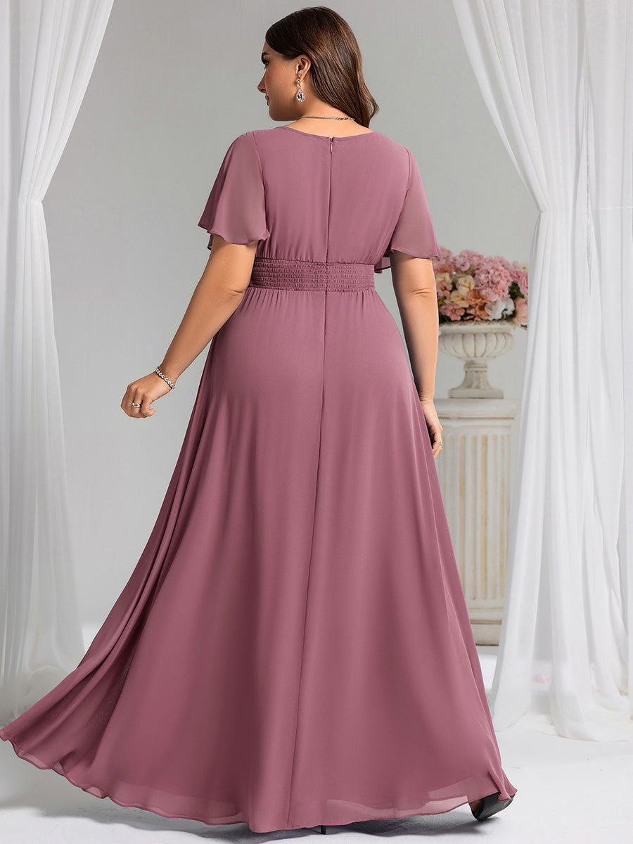Bodenlanger A-Linien Chiffonkleid Mit Falten Und Rüschen Details Rundhals #Farbe_Orchideenviolett