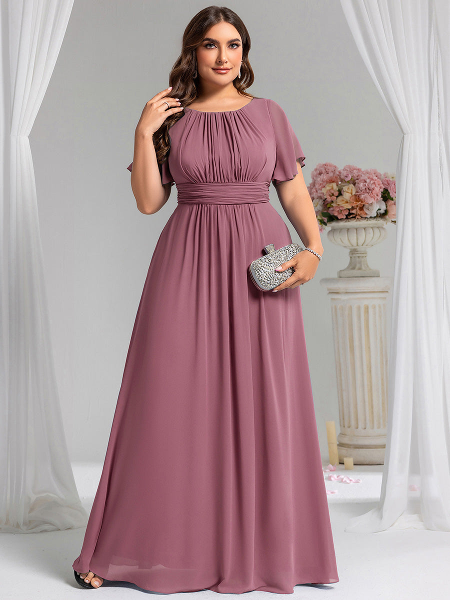 Bodenlanger A-Linien Chiffonkleid Mit Falten Und Rüschen Details Rundhals #Farbe_Orchideenviolett