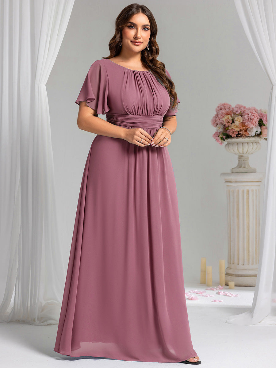 Bodenlanger A-Linien Chiffonkleid Mit Falten Und Rüschen Details Rundhals #Farbe_Orchideenviolett