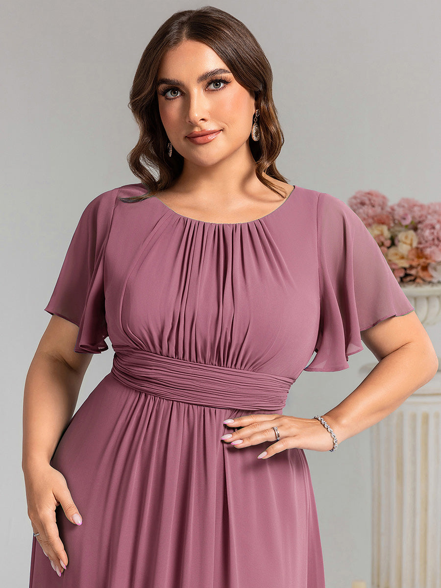Bodenlanger A-Linien Chiffonkleid Mit Falten Und Rüschen Details Rundhals #Farbe_Orchideenviolett