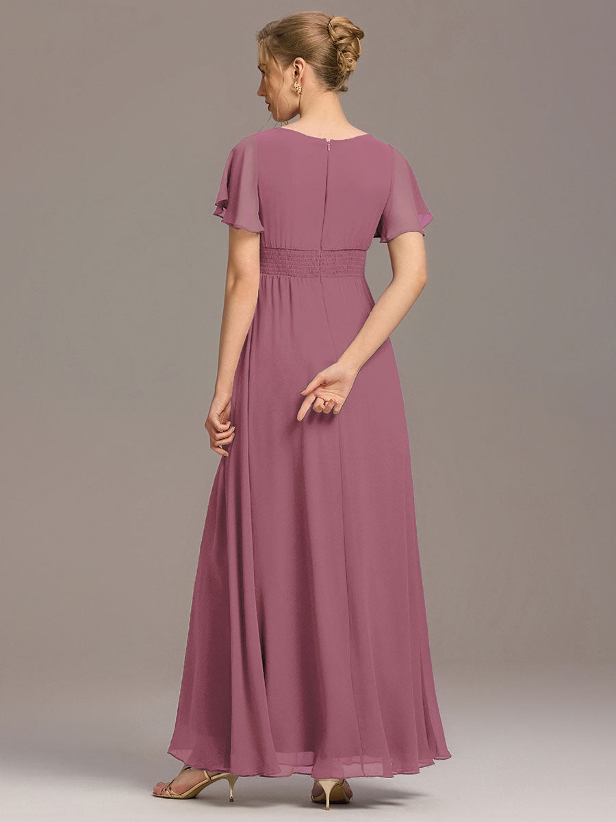Bodenlanger A-Linien Chiffonkleid Mit Falten Und Rüschen Details Rundhals #Farbe_Orchideenviolett