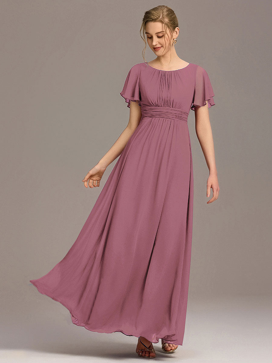 Bodenlanger A-Linien Chiffonkleid Mit Falten Und Rüschen Details Rundhals #Farbe_Orchideenviolett
