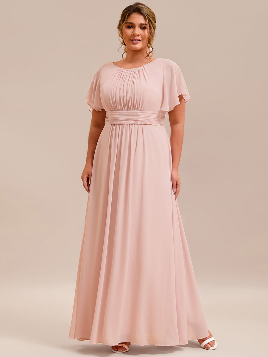 Bodenlanger A-Linien Chiffonkleid Mit Falten Und Rüschen Details Rundhals #Farbe_Rosa
