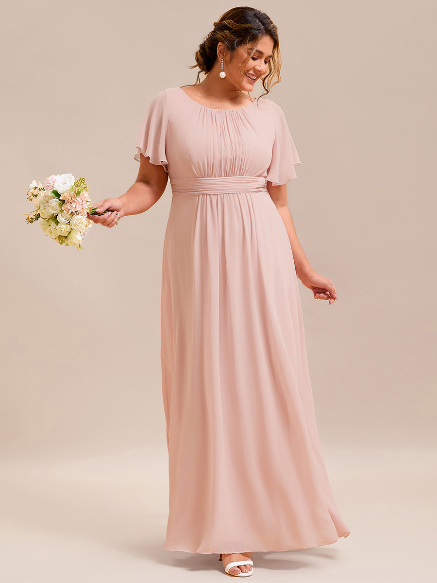 Bodenlanger A-Linien Chiffonkleid Mit Falten Und Rüschen Details Rundhals #Farbe_Rosa