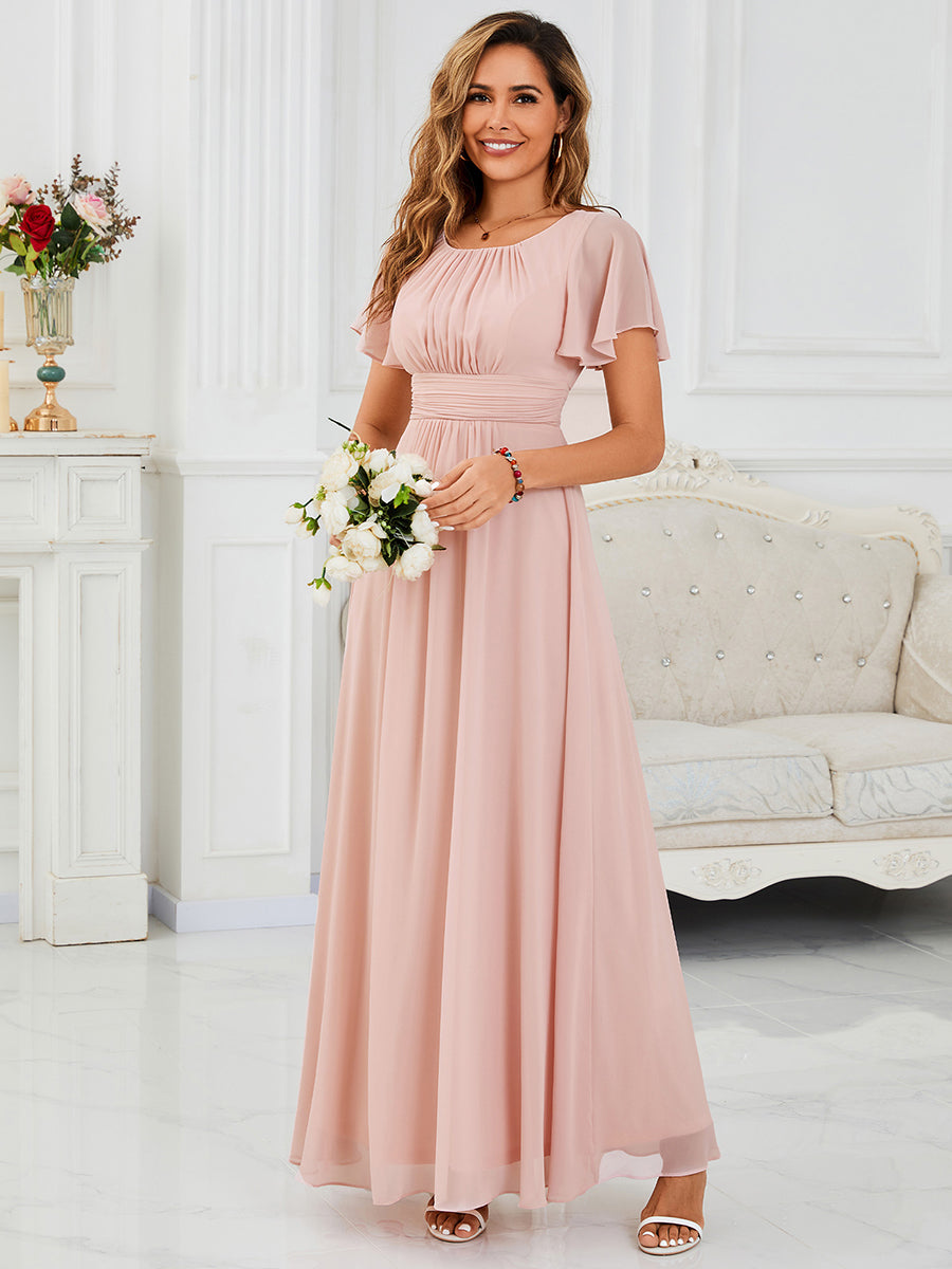 Bodenlanger A-Linien Chiffonkleid Mit Falten Und Rüschen Details Rundhals #Farbe_Rosa