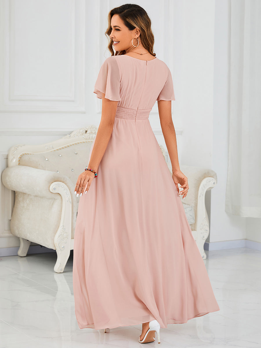 Bodenlanger A-Linien Chiffonkleid Mit Falten Und Rüschen Details Rundhals #Farbe_Rosa