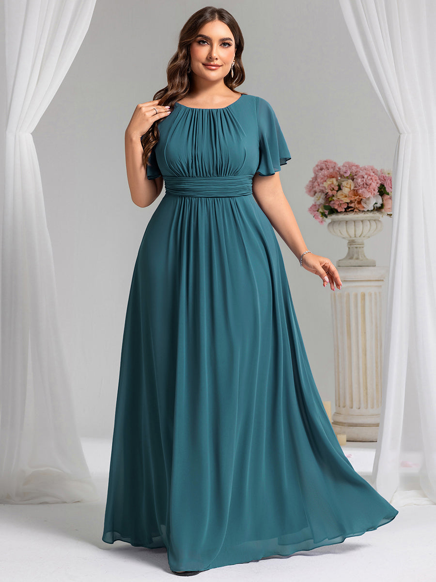 Bodenlanger A-Linien Chiffonkleid Mit Falten Und Rüschen Details Rundhals #Farbe_Petrol