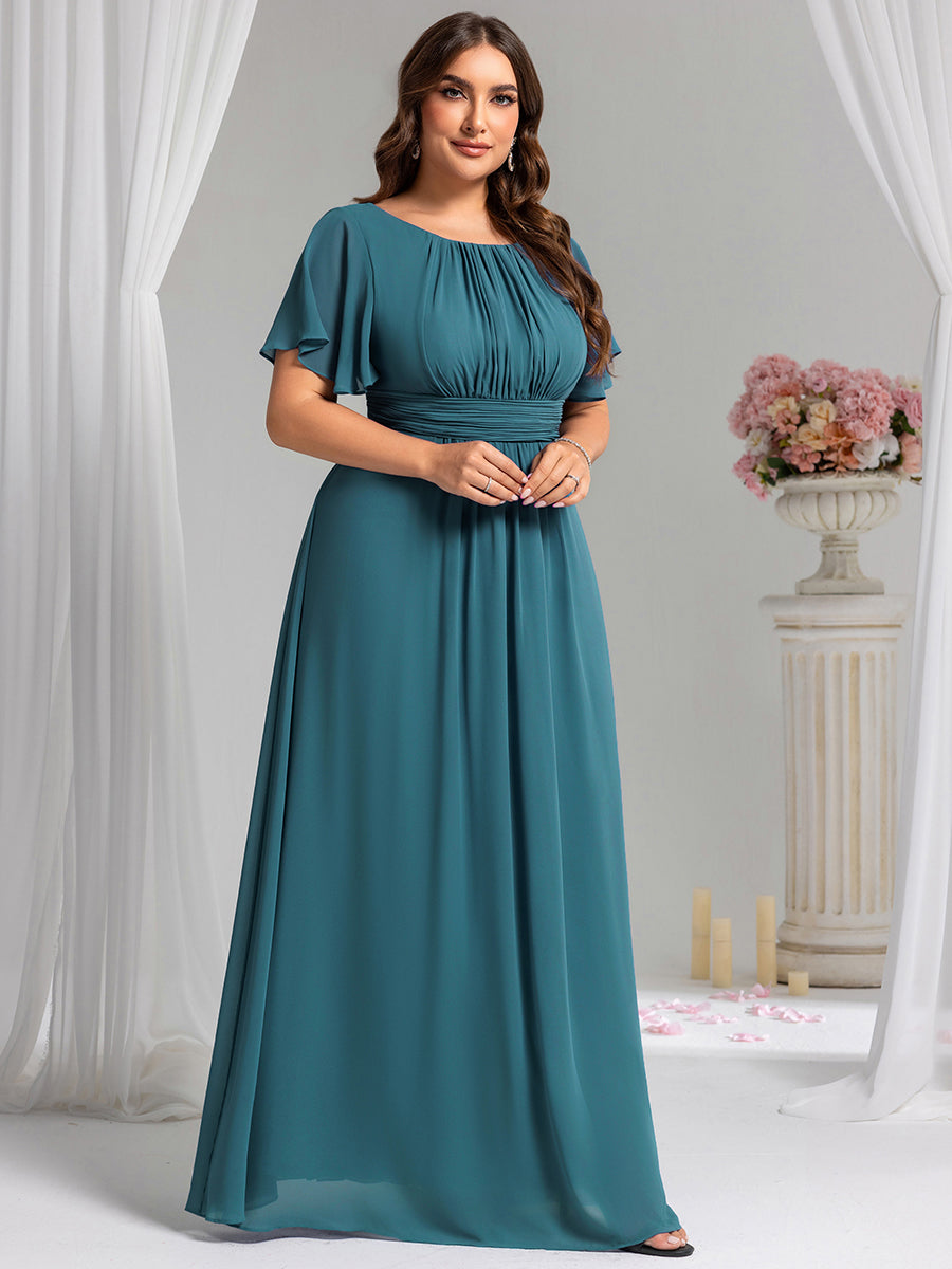 Bodenlanger A-Linien Chiffonkleid Mit Falten Und Rüschen Details Rundhals #Farbe_Petrol
