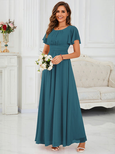 Bodenlanger A-Linien Chiffonkleid Mit Falten Und Rüschen Details Rundhals #Farbe_Petrol