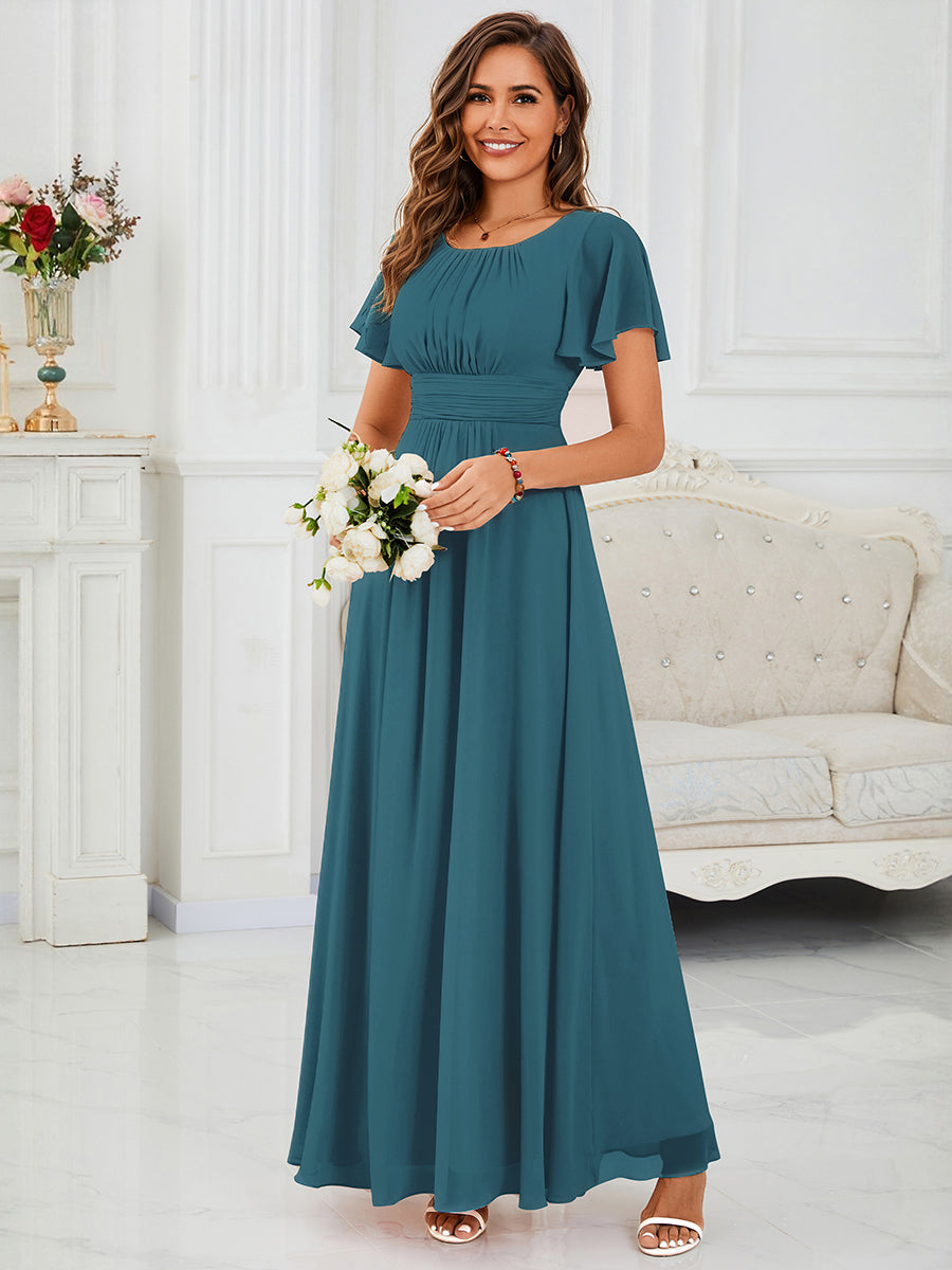 Bodenlanger A-Linien Chiffonkleid Mit Falten Und Rüschen Details Rundhals #Farbe_Petrol