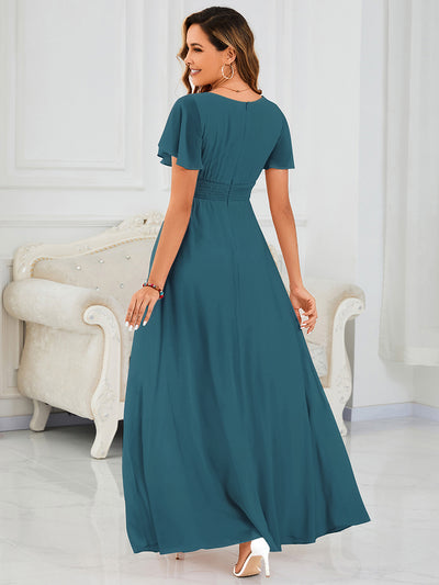Bodenlanger A-Linien Chiffonkleid Mit Falten Und Rüschen Details Rundhals #Farbe_Petrol