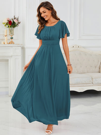 Bodenlanger A-Linien Chiffonkleid Mit Falten Und Rüschen Details Rundhals #Farbe_Petrol